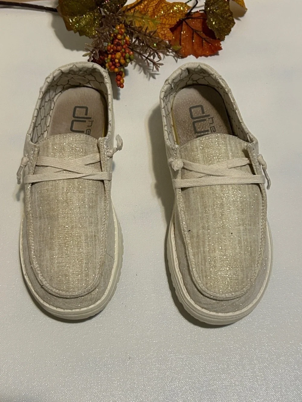 Hey Dude Beige Metallic-Thread Slip-On Shoes